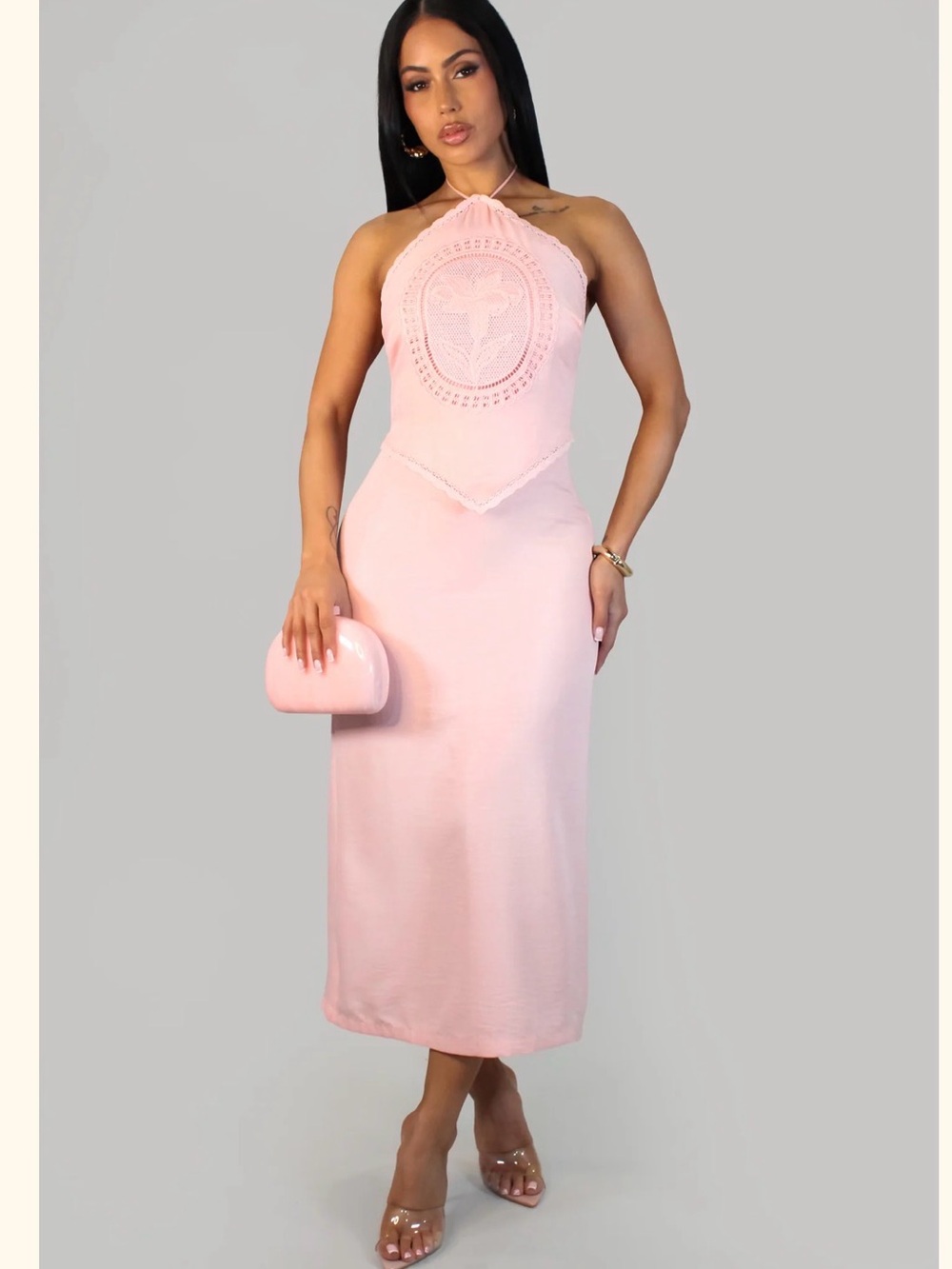 Halter Crochet Medallion Midi Dress in Pink